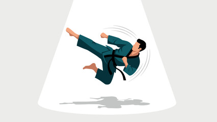 Karate practitioner in dynamic kick highlighted by spotlight