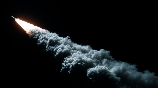 A rocket ascends in space, trailing a dramatic plume of fire and smoke, symbolizing innovation and exploration.