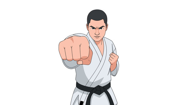 Karate fighter in action pose with focused expression in dynamic anime style