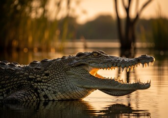 Obraz premium Crocodiles Open Mouth in Golden Light - A Wildlife Encounter.