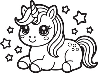 An adorable unicorn with large eyes and a flowing mane sits surrounded by stars in a whimsical setting