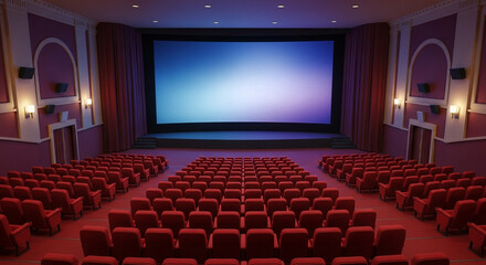Obraz premium Empty cinema hall with red seats and a large projection screen 