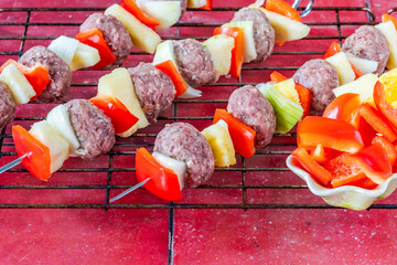 Beef meatballs kebab skewers prepered for grill