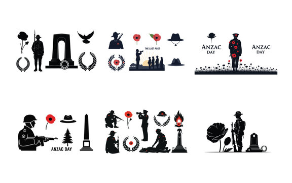 Black and red silhouettes of soldiers and memorial symbols for Anzac Day soldier silhouettes