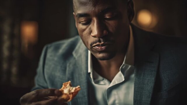 A stylish man tasting crab rangoon, shallow depth of field, moody cinematic lighting, refined dining atmosphere, slow food appreciation
