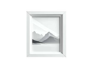 White Framed Artwork with Mountain Landscape.