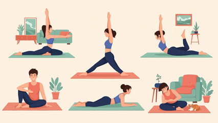 Obraz na płótnie Canvas Diverse individuals practice various yoga poses at home, some with pets