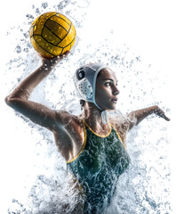 A water polo player wearing a green swimsuit with yellow trim and white cap #6 rises from churning water