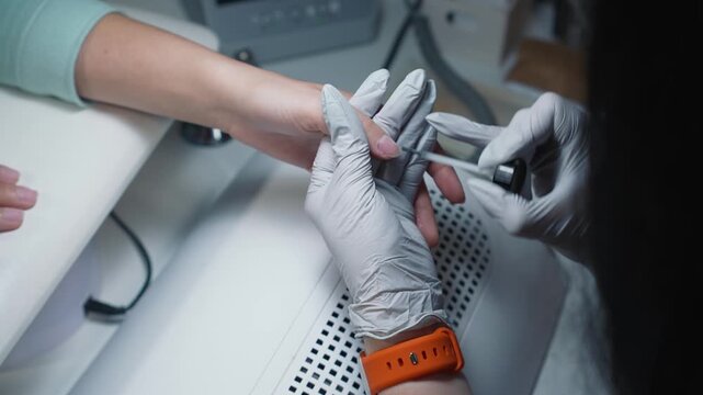 Technician carefully applies primer to natural nail plate for better adhesion before extension or coating
