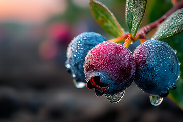 Close-up of ripe blueberries with water droplets on branch and leaves, blurred natural background, fresh agricultural detail.
