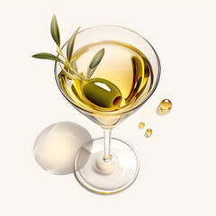 Minimalist martini with olive in elegant glass, white background, soft lighting and shadows.