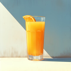 Vibrant orange juice in clear glass against soft gray wall, minimalist editorial tabletop setting.