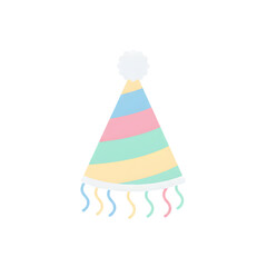 colorful striped party hat with pompom and streamers for birthday celebration on transparent background