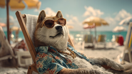 A Shiba Inu wearing a colorful Hawaiian shirt, sunglasses, and beaded necklace lounges on a beach chair at a sunny seaside resort, humorous and whimsical vacation scene.