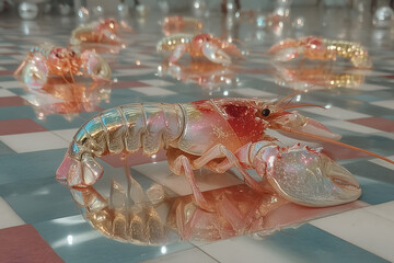 Glossy pearl-toned lobster sculptures reflect light on a red, white, and blue tiled floor, surreal and artistic.