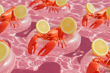 Bright red lobsters lounge on transparent inflatable pool rings in a pink-hued pool