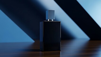 Black Rectangular Perfume Bottle Product Shot on Wooden Surface with Blue Background