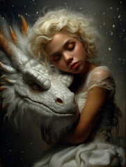 Tender fantasy scene of a young person in lace dress embracing a white dragon with orange horns as snow falls. Serene, magical, and symbolic connection.