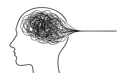 Person with tangled thoughts and ideas exiting their mind in a line