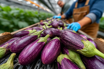 Vibrant purple eggplants with green caps arranged on wooden tray, workers in gloves sorting produce in greenhouse farming environment.
