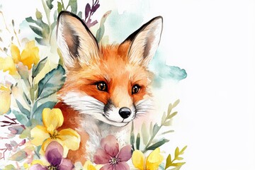 Obraz premium Watercolor artwork of a fox and a bunny surrounded by flowers in a springtime setting with vibrant colors capturing a lively scene