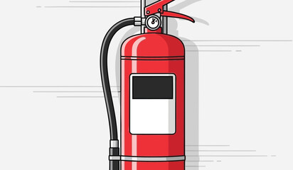 Red fire extinguisher with black hose and silver details on white background