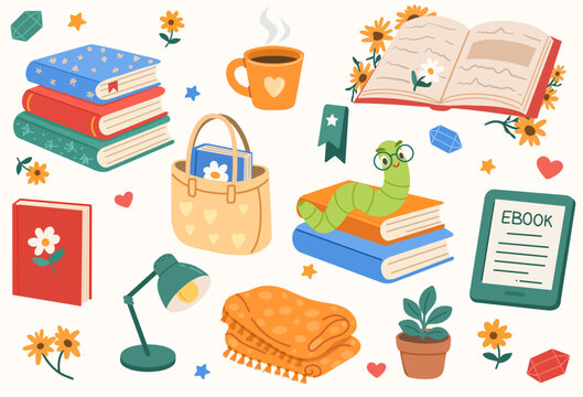 Reading and study set with books, ebook reader, open book, desk lamp, tea cup, tote bag, folded blanket and plants.For posters and web baners