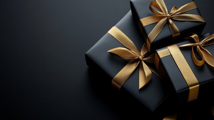 Elegant black gift boxes with golden ribbons on a dark background for a holiday sale during the festive season in December