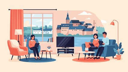 Obraz premium Cozy home interior scene with people using laptops, overlooking a scenic town