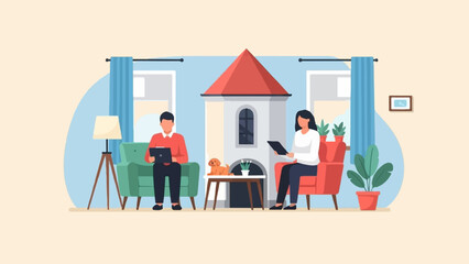 Cozy home interior with people working on laptops, a dog, and plants