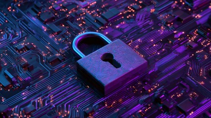 A padlock sits on top of a circuit board with purple and blue hues and red lights.