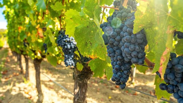 A vibrant view of a vineyard showcasing rows of grapevines laden with ripe, blue grapes