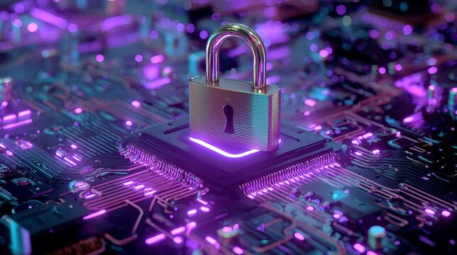 A shiny padlock sits on a circuit board with purple and blue neon lights - Powered by Adobe