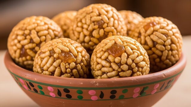 Sweet puffed rice balls known as murraya laddu served in traditional decorated clay bowl close view