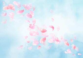 水彩 春の青空に舞い散る桜の花びらの背景　フレーム