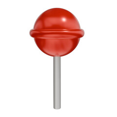 Fototapeta premium A glossy, red lollipop with a central ring sits atop a gray stick, centered against a plain white background, illuminated by soft, even lighting. 