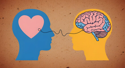 Two stylized head silhouettes, one with a heart and the other with a brain, connected by a wavy line, symbolizing emotional and intellectual connection.