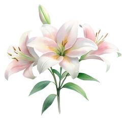 Naklejka premium Pink and white lilies in a watercolor style with green leaves 