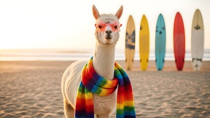Obraz premium Alpaca Wearing Star Sunglasses and Rainbow Scarf on Beach with Surfboards animal llama
