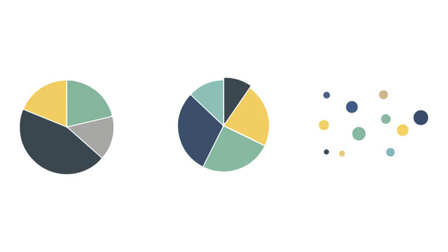 Two pie charts and scattered dots in muted colors isolated on white background, Vector, illustration