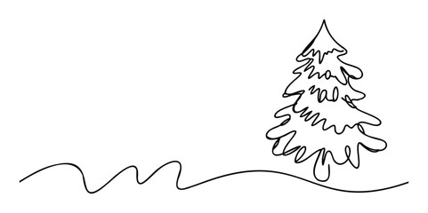 Obraz premium Simple line drawing of a festive fir tree standing on a gentle snowy hill, perfect for holiday greetings, winter season invitations, or minimalistic winter event decorations.