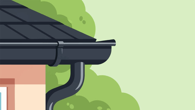 Dark rain gutter and downspout on a house against green foliage