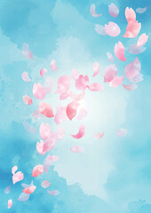 水彩 春の青空に舞い散る桜の花びらの背景　フレーム