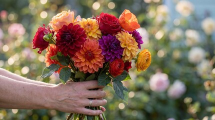 Person holding vibrant bouquet flowers outdoors in garden with greenery
