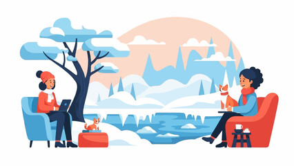 Naklejka premium Cozy winter scene with people and dogs indoors enjoying the snowscape