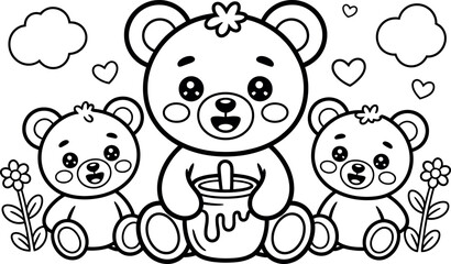Obraz premium A black and white illustration of three cute teddy bears sitting together with flowers and hearts around them.
