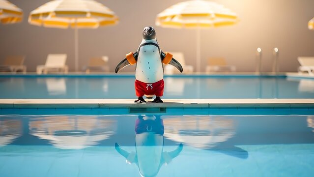 Penguin in Swim Trunks and Arm Floats Standing by Swimming Pool summer vacation