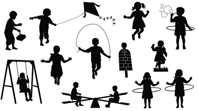Silhouettes of children playing with various toys and activities in a park setting