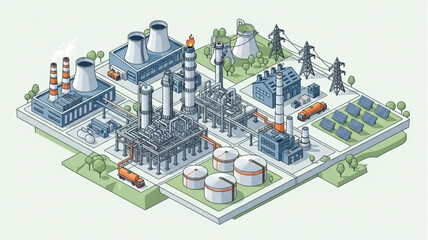 Industrial Power Plant Complex with Cooling Towers and Storage Tanks.