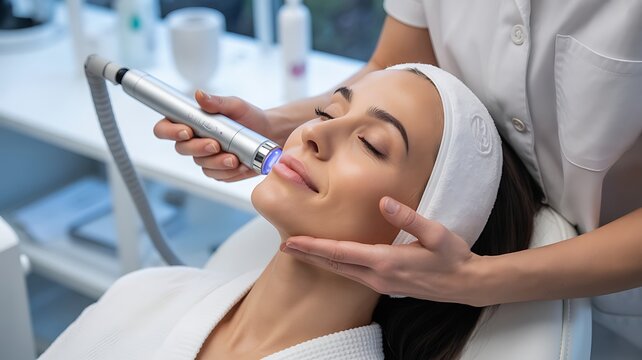 Woman receiving facial treatment with microneedling device.